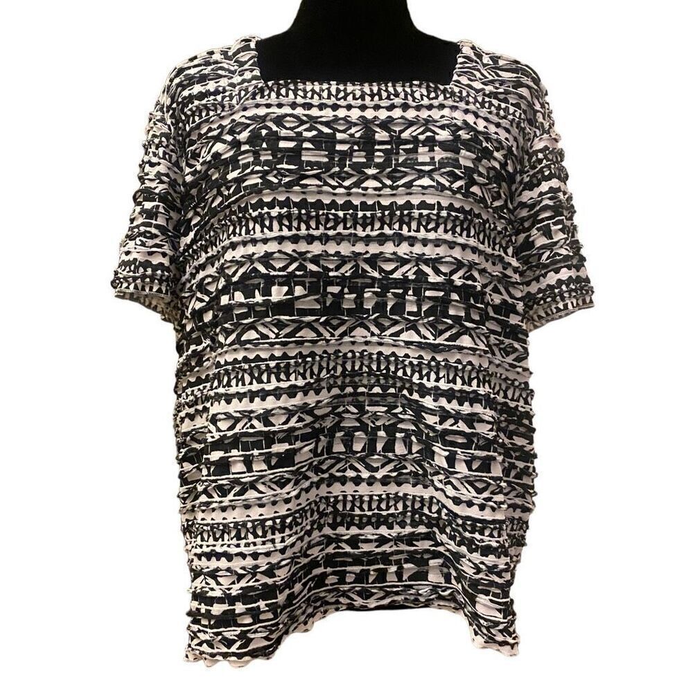 Alfred‎ Dunner Black and White Mini Ruffle Short Sleeve Top Sz XL